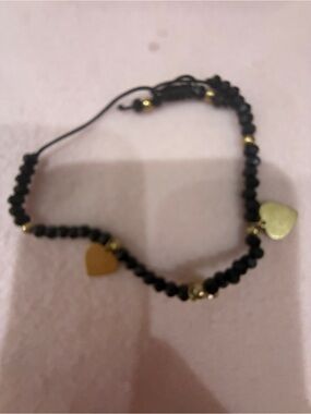 Black Beaded Heart Charm Bracelet - Gold Accents
